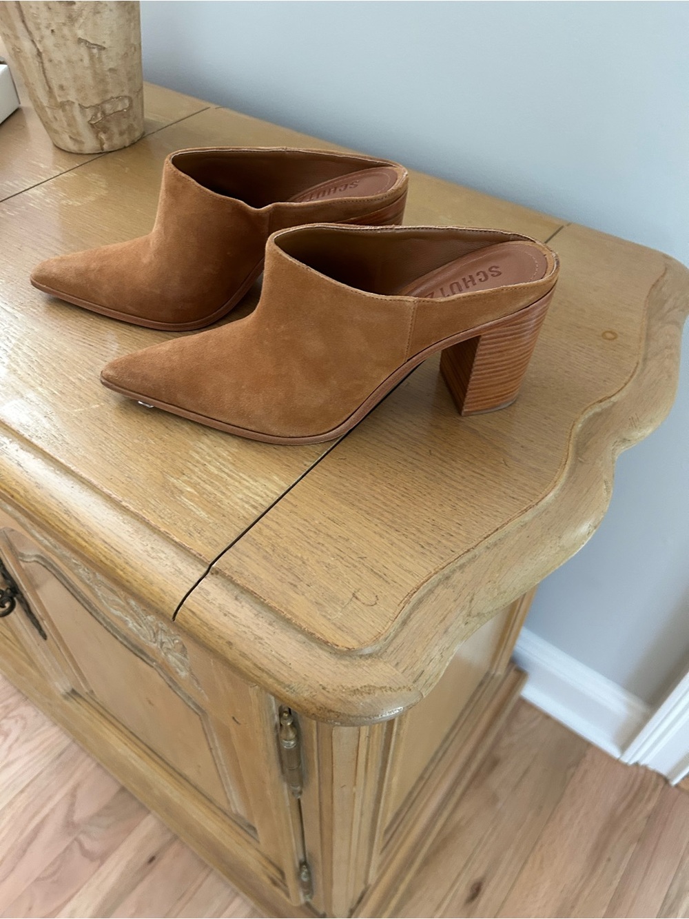 SCHUTZ Mikki Tan Suede Pointed-Toe Mule Heels